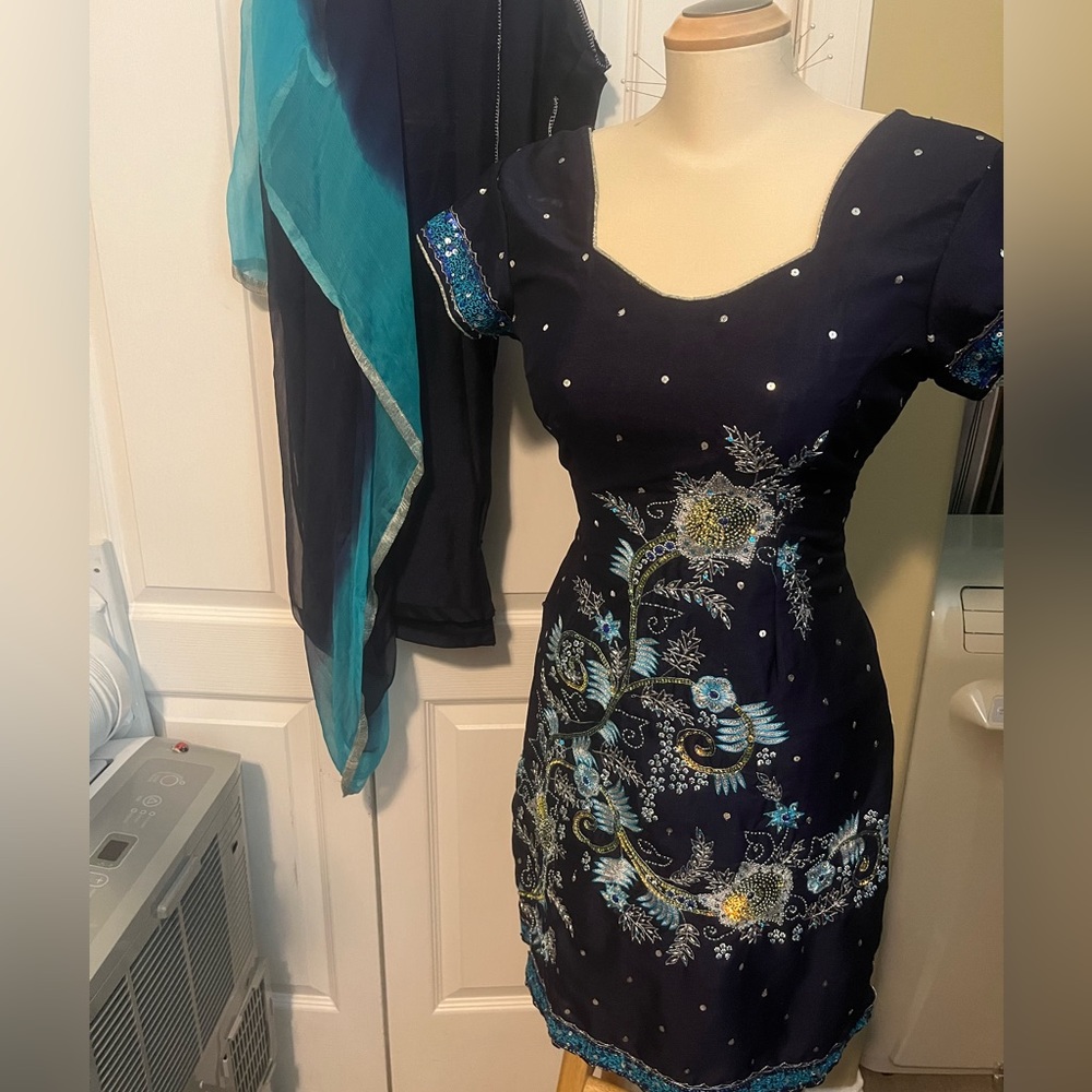 Custom made navy blue suit with heavy embroidery